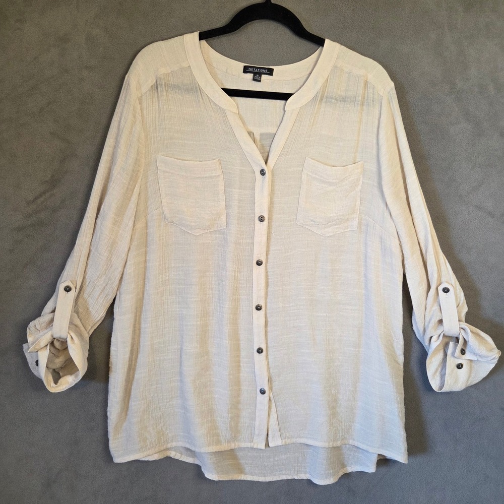 Notations Gauze Button Down Top Women's XL Roll Tab Sleeve Boho Coastal Casual